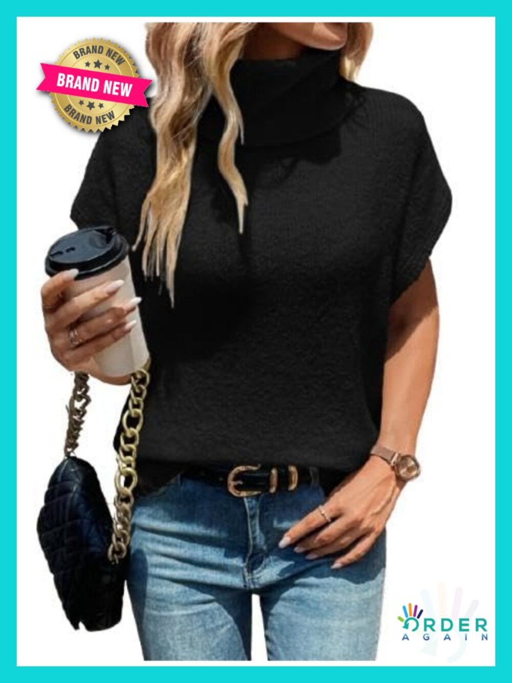 Women's Turtleneck Cap Sleeve Sweater Vest Pullover Knitted Top Loose Oversized